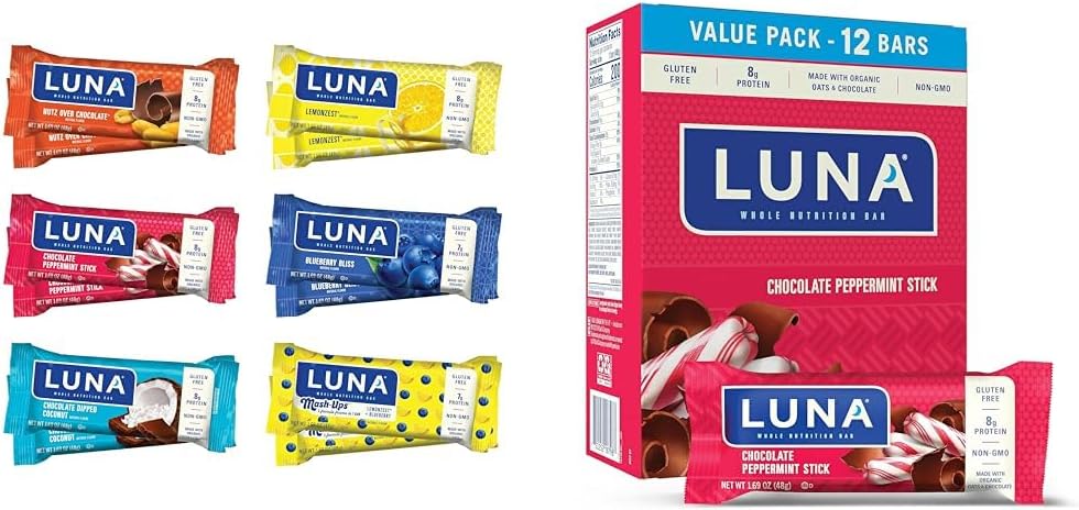 LUNA Bar Variety Pack (12 Conde) + Chocolate Peppermint Stick (12 Pack) - Bares de Snack sin gluten