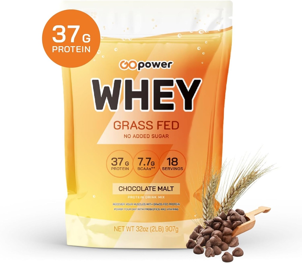 GOPOWER Whey Protein Powder, con BCAAs, Grass Fed Protein Powder, 2 libras, 18 obras