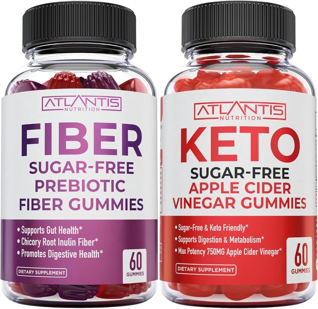Atlantis Nutrición Azúcar Gummies de fibra prebiótica para adultos 2-Pack (120 Gummies) + Azúcar Keto gratis Vinagre de manzana 60 Gummies