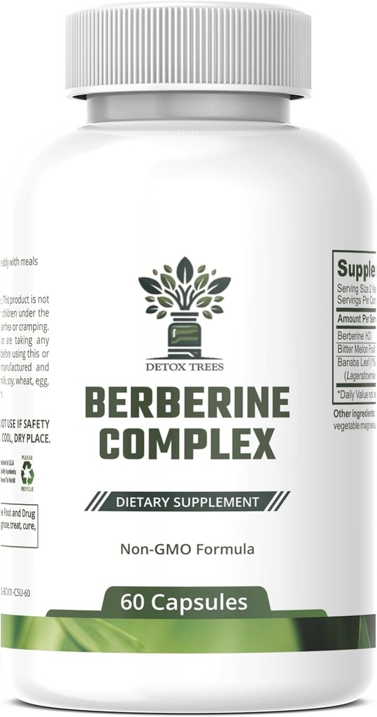 Suplemento de bereberina con extracto de melón y Banaba Leaf - 1000mg Berberine HCL para el sistema inmunológico - Gestión de peso - No GMO - Complejo de bereberina sin gluten, 60 cápsulas.