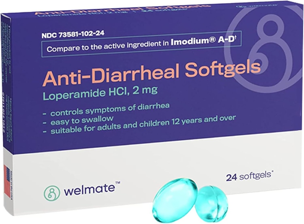 WELMATE - Anti-Diarrheal Softgels (24 Softgels) - Loperamida HCL 2 mg - Diarrhea Symptom Relief - Upset Stomach Reliever - Anti Diarrea Pills - Medicación sobre el hombro
