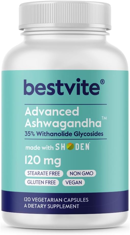 BESTVITE Advanced Ashwagandha 120mg w/Shoden (120 cápsulas vegetarianas) - Contención clínicamente estudiada líder de la industria 35% Withanolide Glycosides - No Stearates - Vegan - No GMO - Gluten Free