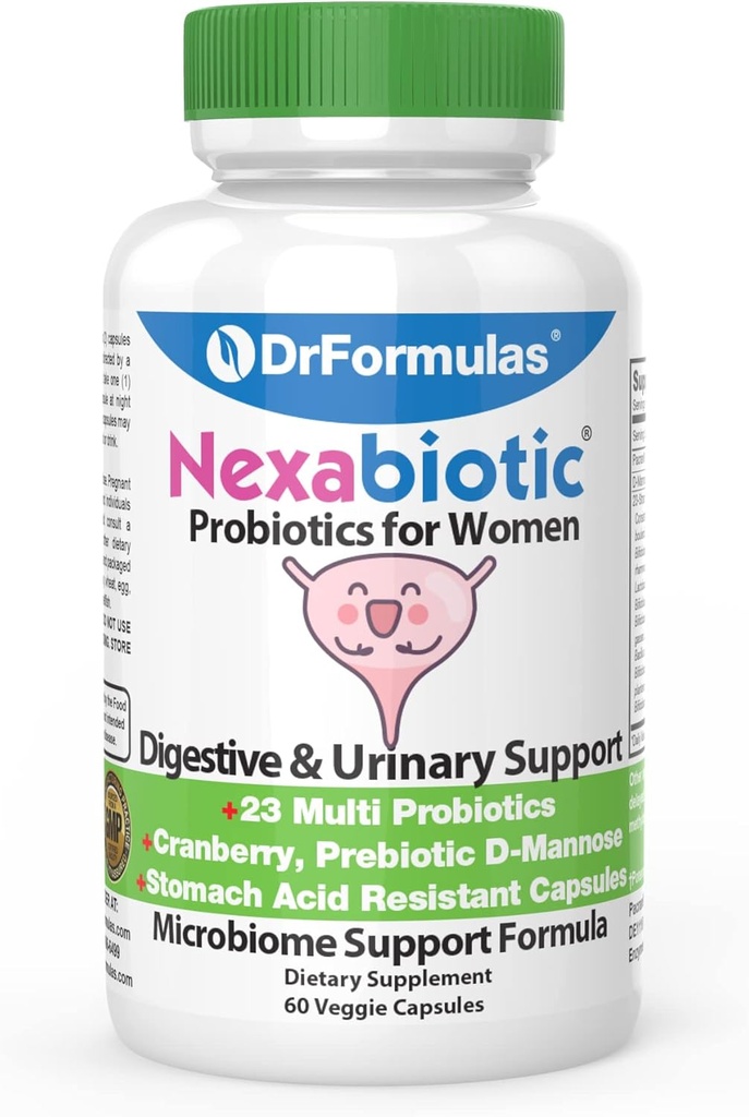 DrFormulas Probióticos de arándano para mujeres Vaginal Health & Urinary Tract with Fiber Prebiotic &amp; D Mannose ← Nexabiotic Feminine Health, Vaginosis with Lactobacillus Acidophilus for Yeast, 60 capsules