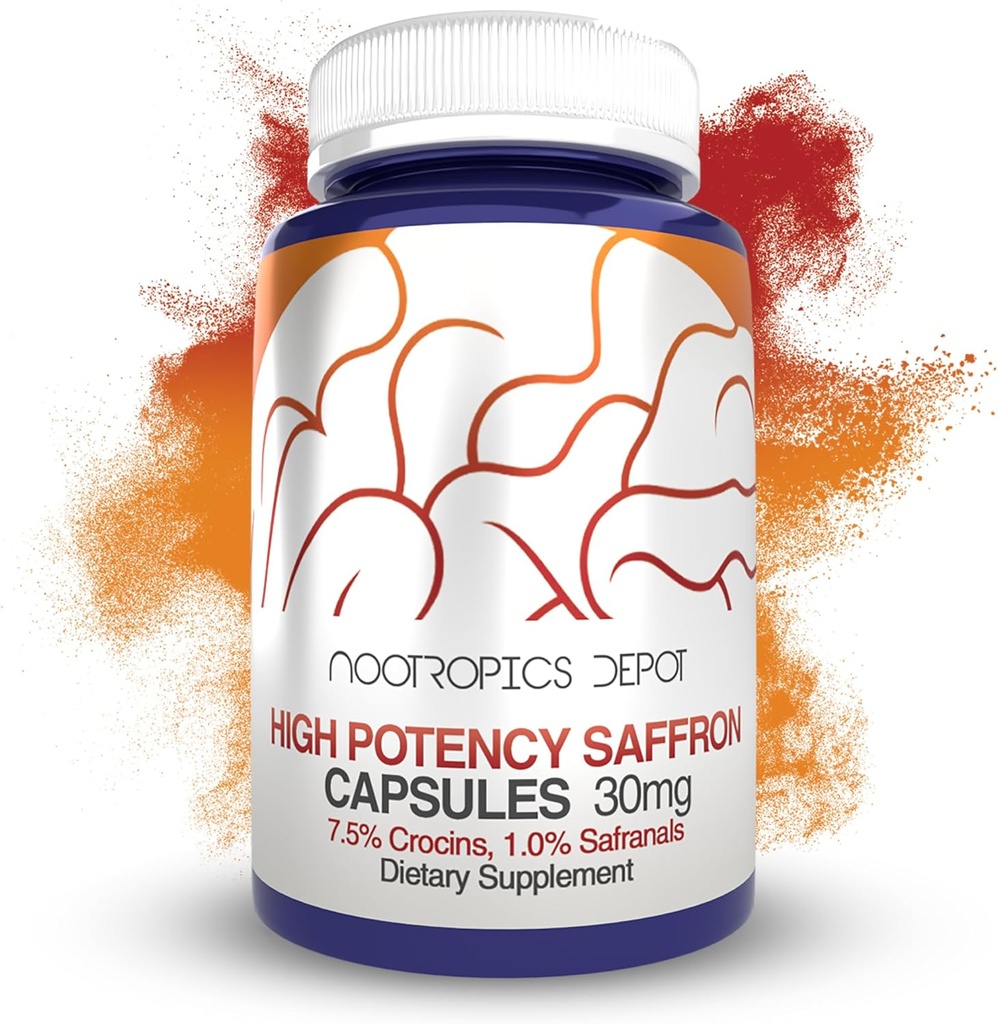Nootropics Depot High Potency Saffron Extract Capsules tención 30mg Silencio Mínimo 7.5% Crocins y 1% Safranals ← Crocus sativus ← 180 ct