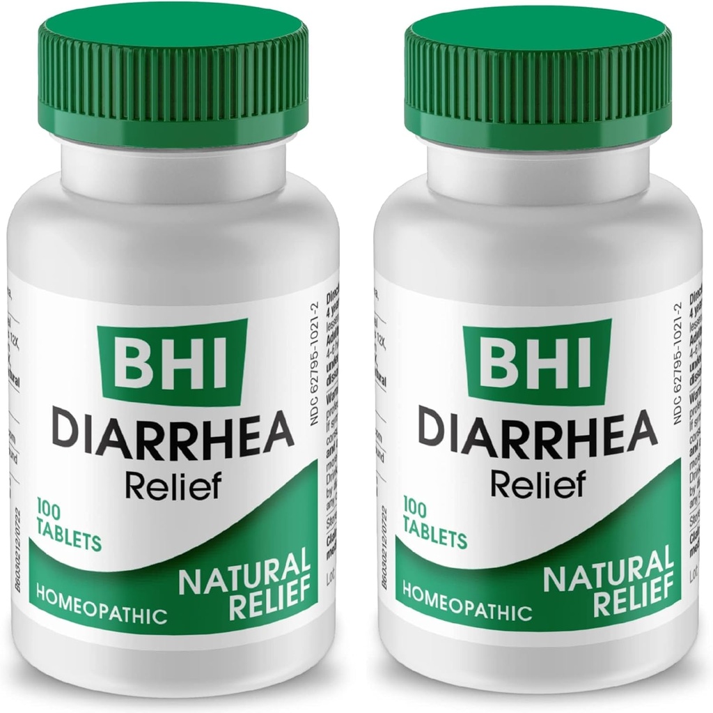 BHI Diarrea Alivio de la Diarrea de acción rápida Remedio Natural para la Diarrea Leve - 8 Activos Homeopáticos calmantes Ayuda a la calma Stomach Ache, Gas &amp; Cramps for Women &amp; Men - 100 Tablets (Pack of 2)