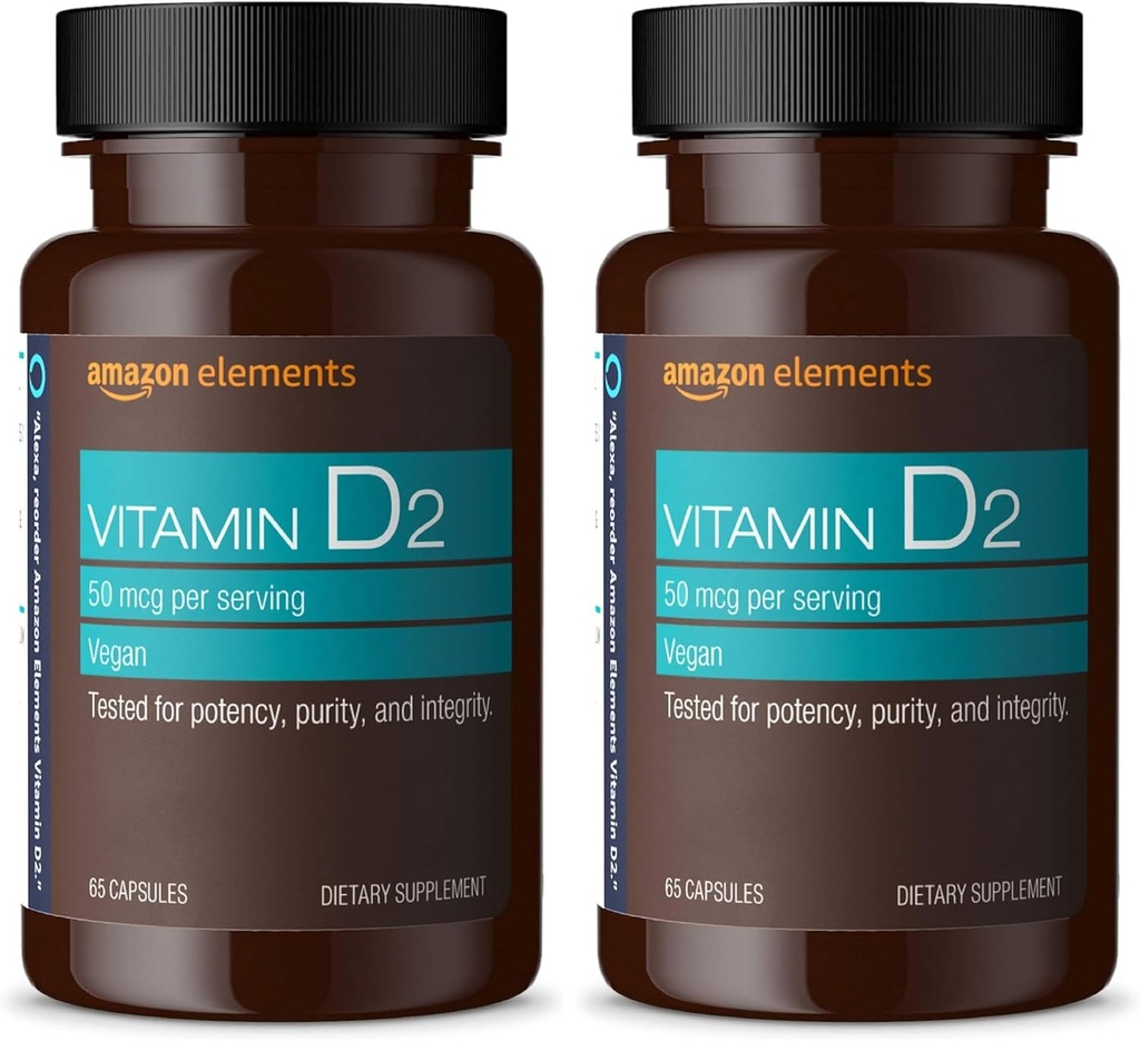 Elementos Vitamina D2 2000 UI, Vegan, 65 cápsulas, soporta los huesos fuertes y la salud inmunitaria, fuente de 2 meses (paquete mayo Vary) (Pack of 2)