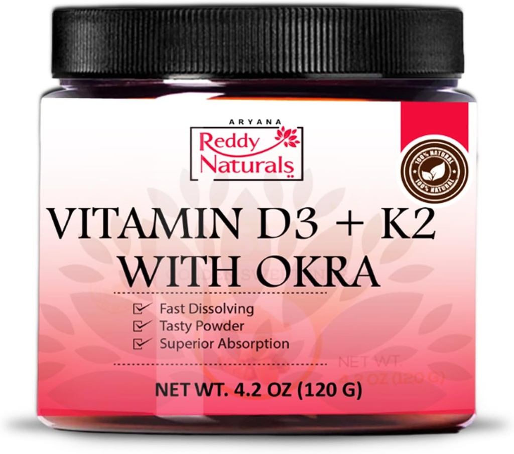 Reddy Naturals Vitamina D3 K2 Powder con Okra - Planta-Basada, Acelerada con Sabores Naturales, No-GMO- Daily Wellness Fórmula - 4.2 OZ (120g)