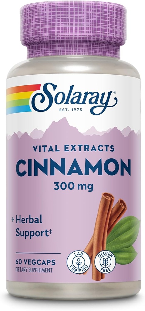 SOLARAY Extracto de canela 300mg - Suplementos de canela para Balance - Soporte herbal con 24mg Flavonoids - Lab Verificado, Gluten Gratis, Garantía de 60 días - 60 Servimientos, 60 VegCaps