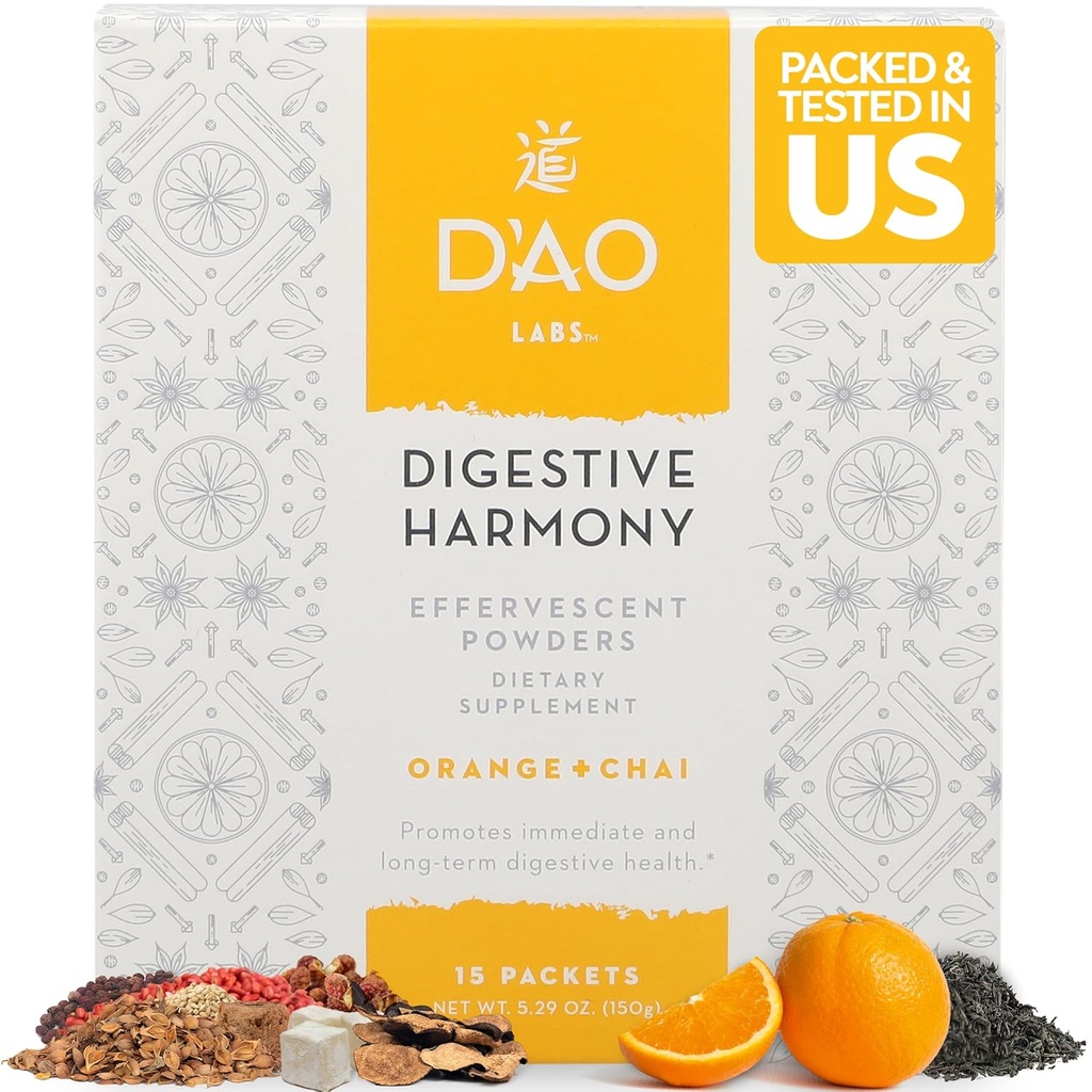 D'AO Laboratorios Armonía Digestiva - Enzimas Digestivos Orgánicos - Herbs tradicionales chinos " Chai Powder - Orange-Chai Flavor - Preerve Harmony Decoction (Bao He Wan) - 15 Servimientos Individuales
