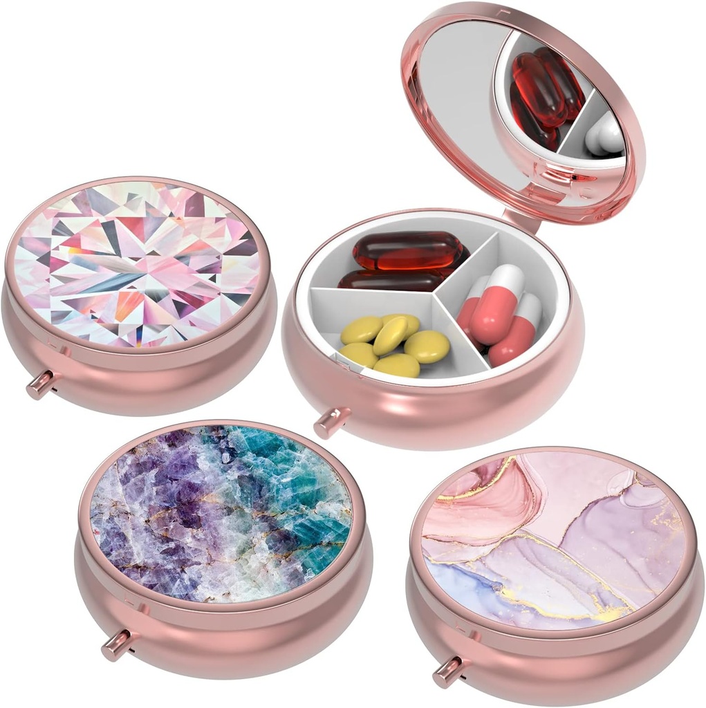Caja pequeña de pill,Caso de Pill para Purse ventaja,3 Compartimientos Caja de la Pill Medicamento Organizador Almacenamiento para Vitaminas, Pills, Aceite de pescado y Pendientes, Studs,Rose Gold-3Round