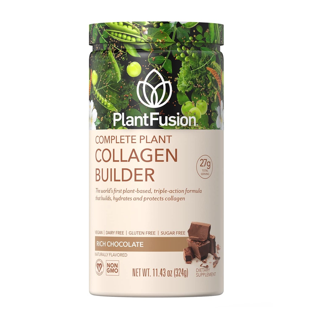 PlantFusion Vegan Collagen Powder - Colágeno Proteína de base vegetal para musculos &amp; articulaciones, pelo, piel &amp; uñas - Keto, Gluten Gratis, Soy Gratis, No-Dairy, No Sugar, No-GMO - Chocolate 11.43 oz