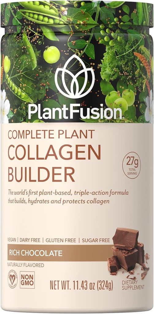PlantFusion Vegan Collagen Powder - Colágeno Proteína de base vegetal para musculos &amp; articulaciones, pelo, piel &amp; uñas - Keto, Gluten Gratis, Soy Gratis, No-Dairy, No Sugar, No-GMO - Chocolate 11.43 oz