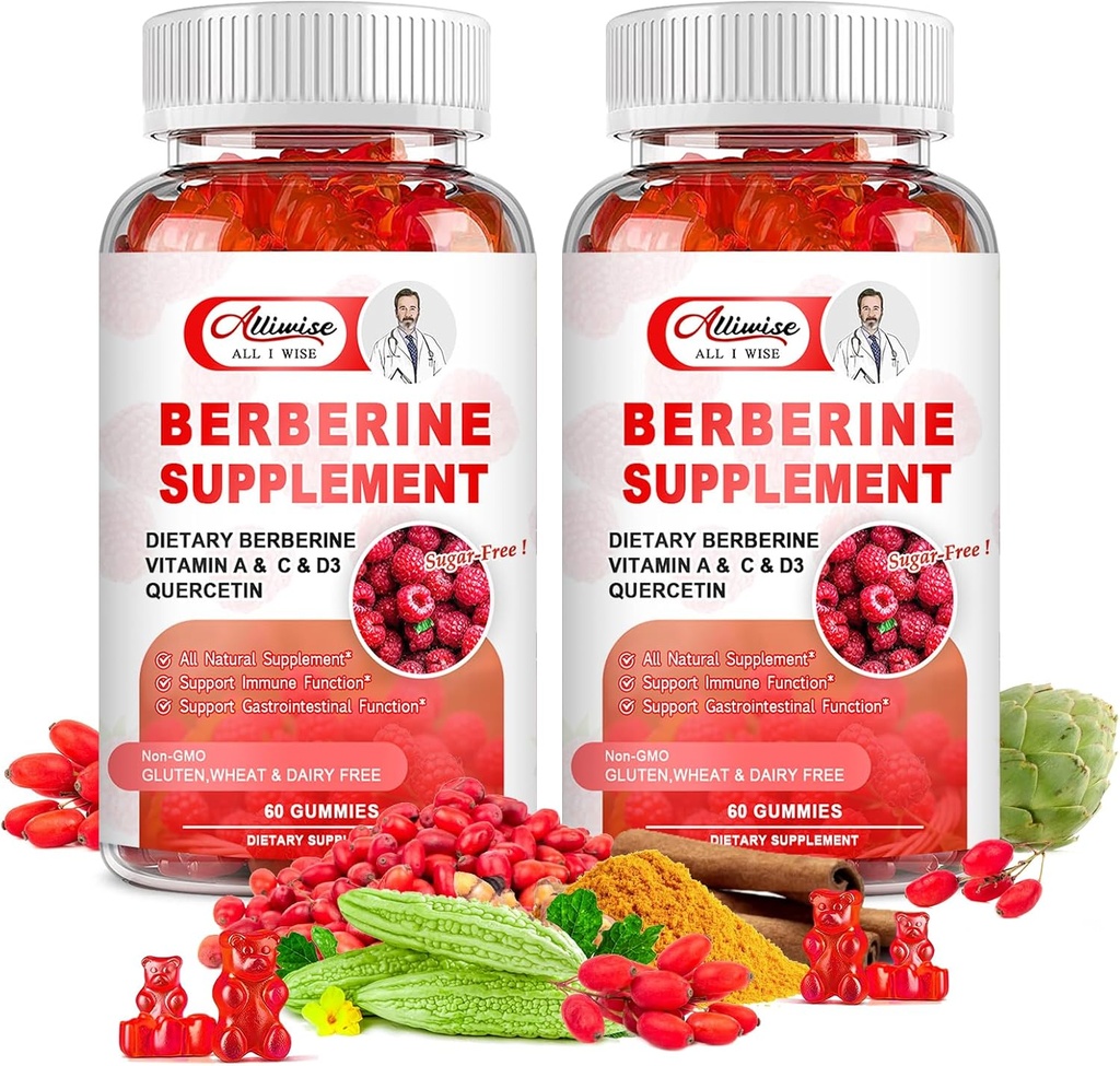 Suplemento de bereberina libre de azúcar Gummies, Original Berberine HCL con canela de Ceylán, Quercetina, Multivitamínico, Apoyo Immune &amp; Función gastrointestinal &amp; Metabolismo para Mujeres &amp; Hombre