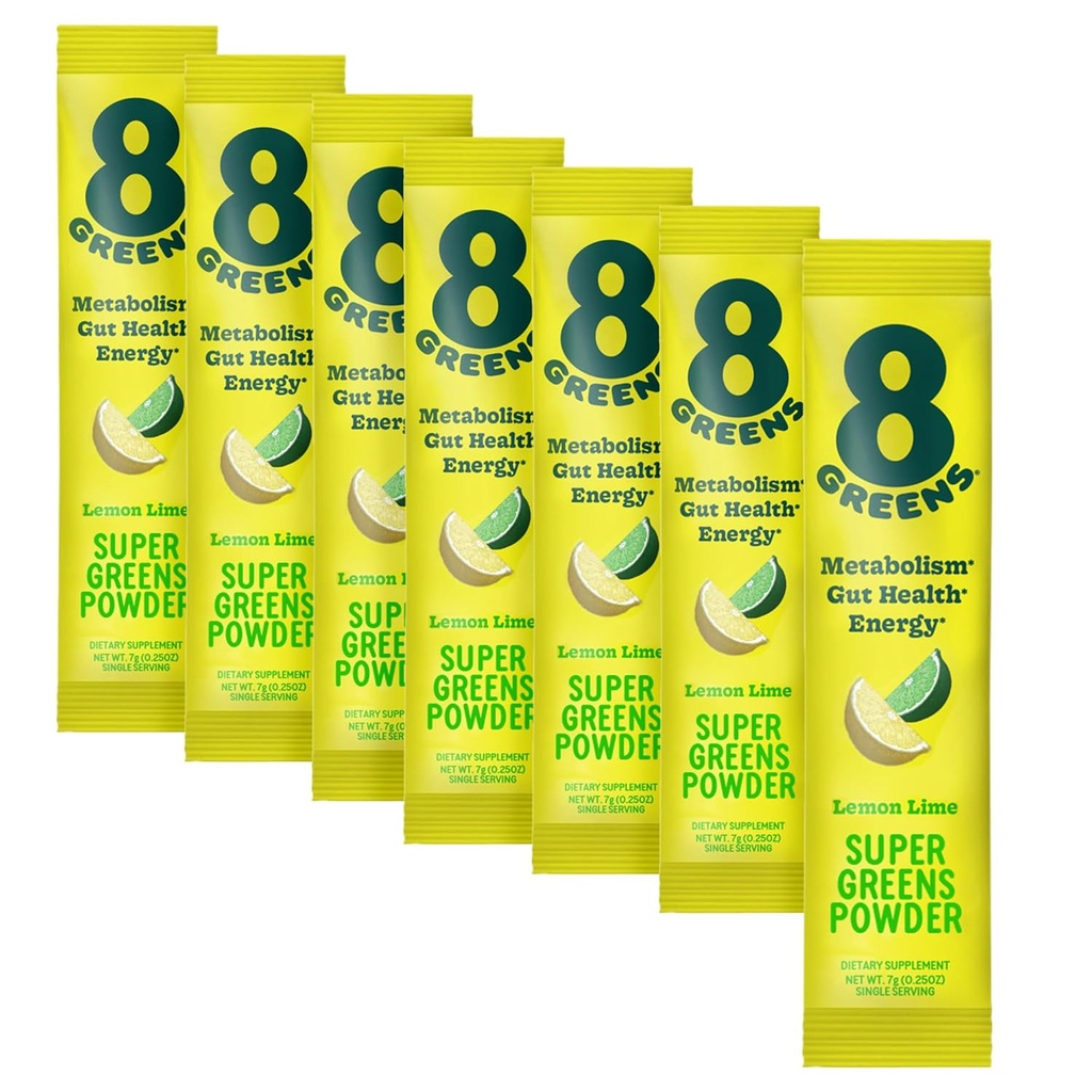 8Greens Super Greens Powder ← Prebiotic & Probiotic Blend Superfoods for Gut Health, Metabolism, Debloating, with Fiber, Digestive Enzymes, Organic: Spirulina, Chlorella, Lemon Lime, 7 Servings