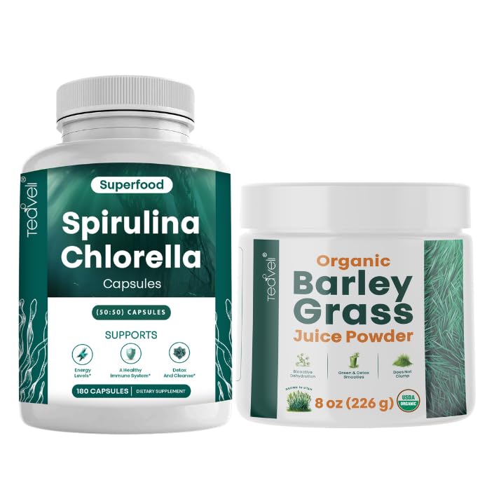 Teaveli Spirulina Chlorella Capsules and Barley Grass Juice Powder Bundle
