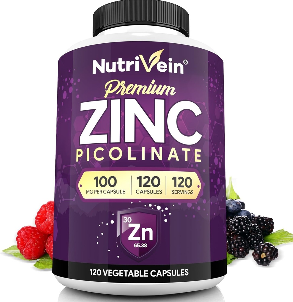 Nutrivein Premium Zinc Picolinate 100mg - 120 Capsules for Adults: High-Absorption Zinc Picolinate Supplements - Essential Nourishment for Overall Wellness - Max Bioavailability