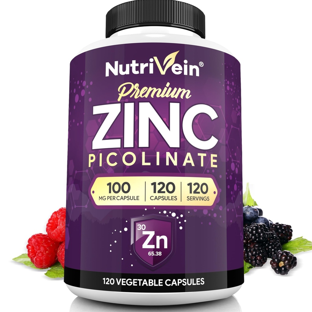 Nutrivein Premium Zinc Picolinate 100mg - 120 Capsules for Adults: High-Absorption Zinc Picolinate Supplements - Essential Nourishment for Overall Wellness - Max Bioavailability