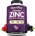 Nutrivein Premium Zinc Picolinate 100mg - 120 cápsulas para adultos: Alta absorción Zinc Picolinate Suplementos - Nourishment esencial para el bienestar general - Max Bioavailability