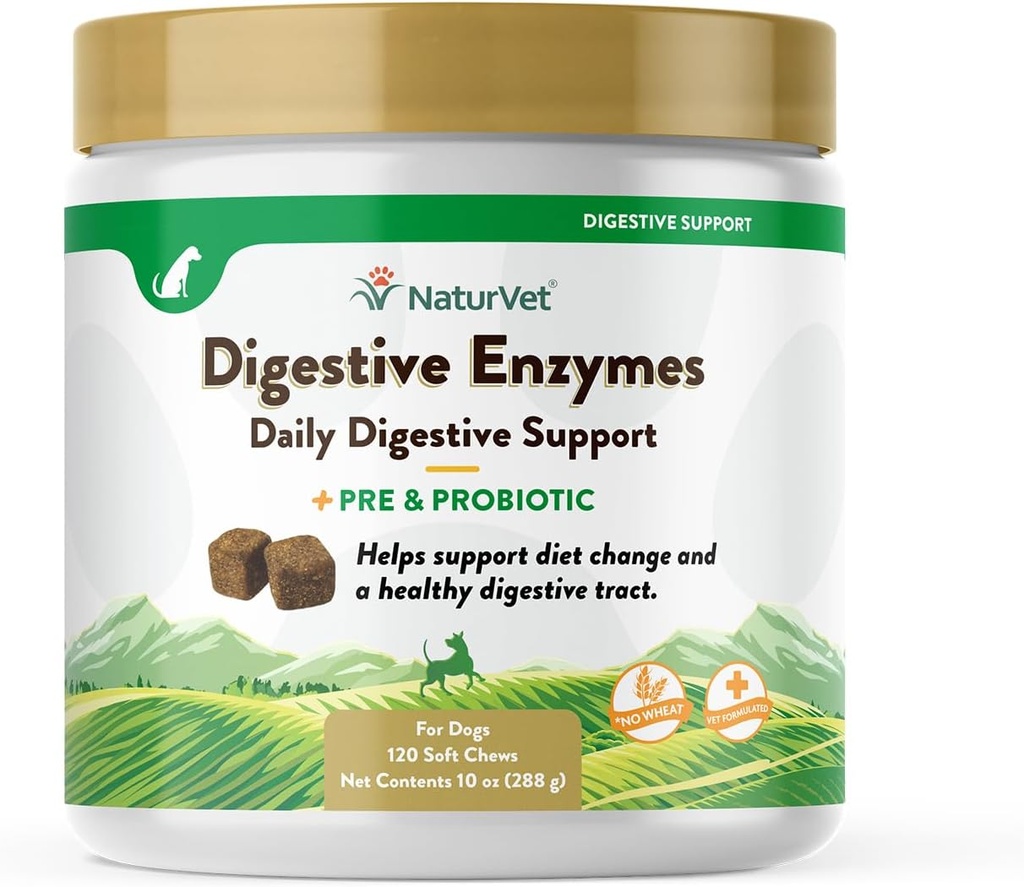 NaturVet – Enzymes Digestivos - Plus Probióticos " Prebióticos - Ayuda a apoyar el cambio de dieta " Tracto Digestivo saludable - para perros " Cats (Soft Chews, 120 Cuenta)