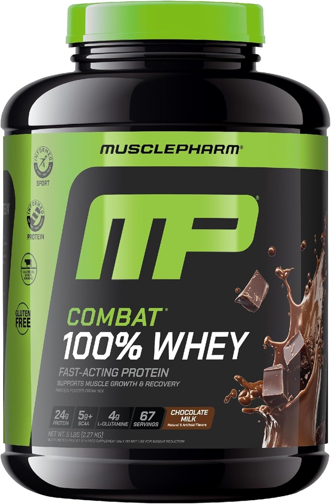 MusclePharm Combat 100% Whey Protein Powder, Chocolate Milk, Fast Recovery &amp; Muscle Gain with Whey Isolate, High Protein Powder for Women &amp; Men, Gluten Free, 5lb, 67 Servings