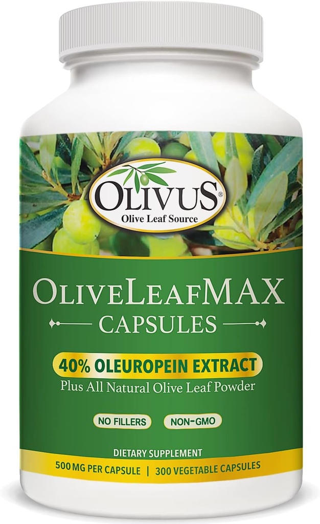 OliveLeafMAX Olive Leaf Extract (40% Oleuroepin) + Pólvora Orgánica de Oliva + No Filleres + 300 cápsulas vegetarianas + Fuente de España y Fabricado en EE.UU. en GMP Facility