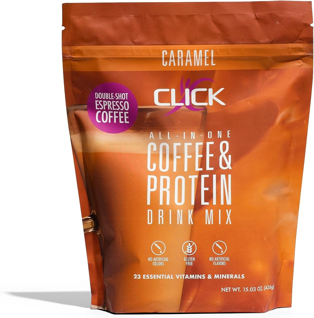 Click Coffee Protein Powder ← Doble Shot Espresso ← 16g Protein  23 Vitaminas Esenciales ← Baja Calorie Meal Reemplazo ANTE 150mg Caffeine TEN Gluten Free TEN No Artificial Flavors or Colors ← Caramel