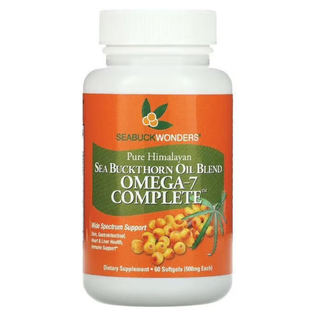 SEABUCKWONDERS Organic Sea Buckthorn Oil, Omega-7 Complete Softgels, 60 Cuenta, con Omega 3, 6 &amp; 9, admite cabello, piel &amp; salud de uñas, 1000 mg por servicio