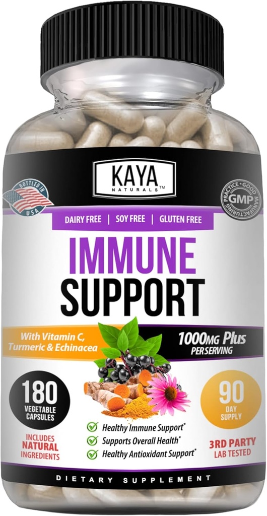 Kaya Naturals Elderberry Immune Support with Zinc and Vitamin C for Adults, Probiotics & Turmeric 1000mg Immune System Booster Sambucus Elderberry Capsules - 180 Condes