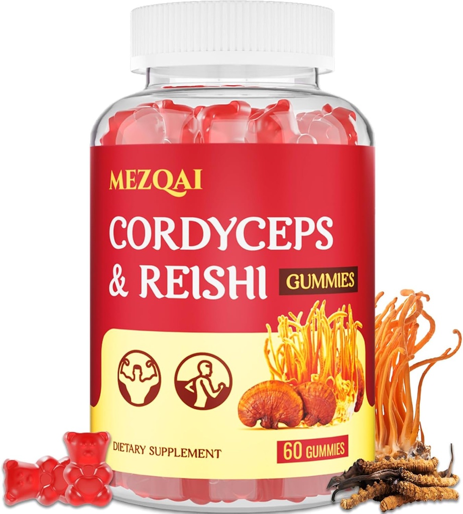 Mushroom Gummies, Cordyceps Reishi Mushroom Supplement Gummies for Adults with Green Tea Extract, Brain Supplements for Memory and Focus, Energy, Athletic Performance*, Rest - 60 Cuenta