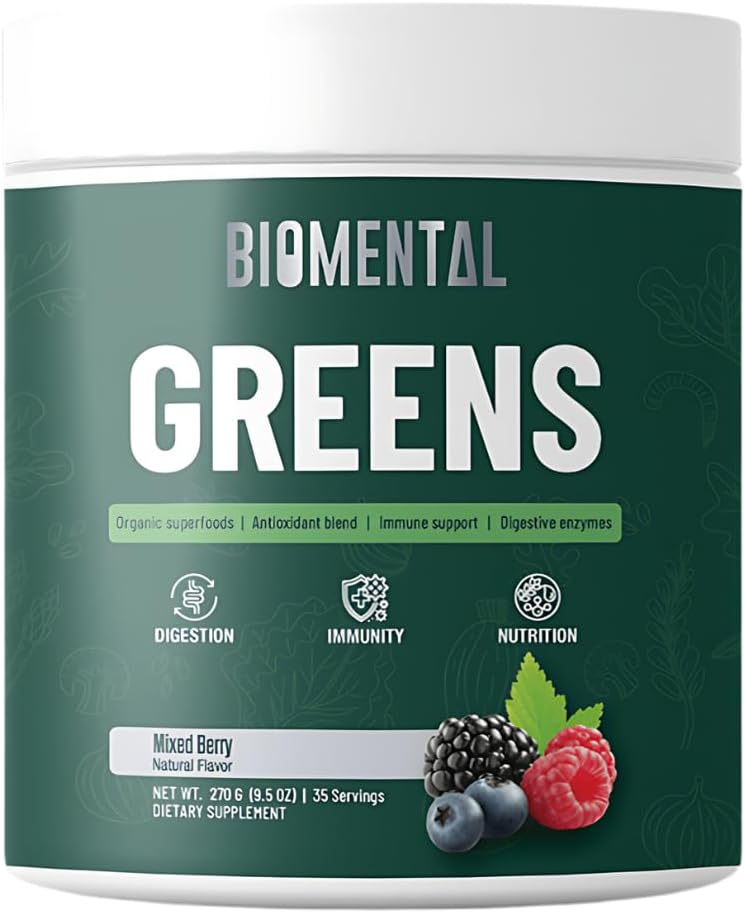 Biomental Greens Supplement- Berries-Detox - Digestive Health, Antioxidant Blend, Greens Powder - Premium Green Immune Support Nutritional Supplement - Gut Support for Men and Women 9.5 oz