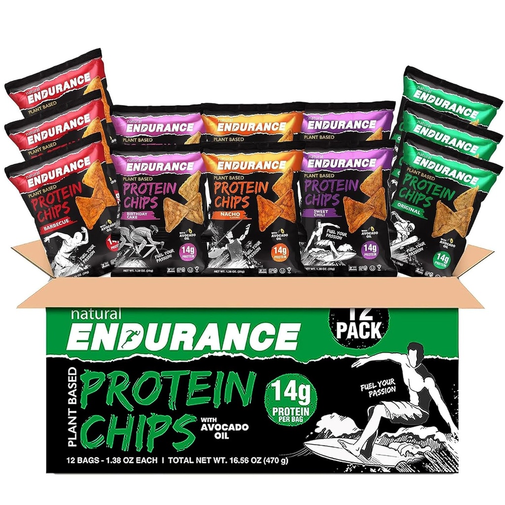 Natural Endurance Protein Chips - Low Carb Chips, High Protein Snack, Vegan Protein with Avocado Oil, 14g Protein Per Bag, Gluten Free, Nacho, BBQ, Chili, Birthday Cake, Original - Variedad Pack, 1.38 oz Bags (Pack of 12)