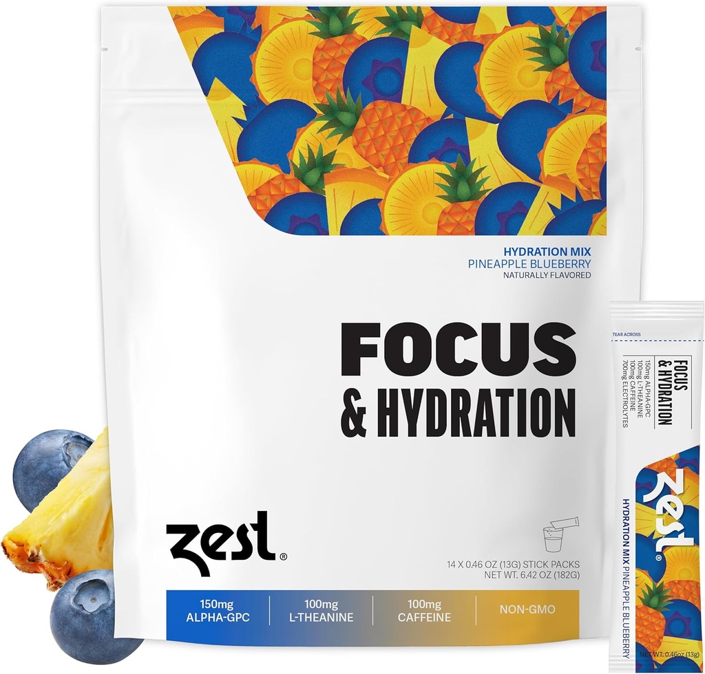 Zest Focus &amp; Productivity Energy Drink – Pineapple Blueberry Clean Energy Powder Packets con 100 mg Caffeine, L-Theanine &amp; 150 mg Alpha GPC Nootropics – Low Sugar Electrolytes for Memory – 14 Sticks