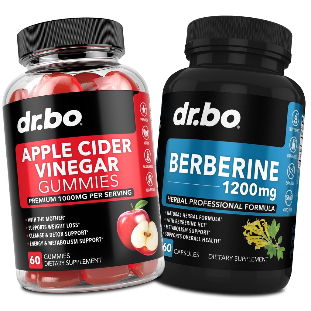 DR. BO ACV Gummies &amp; Berberine Supplement Capsules - 1000MG Apple Cider Vinegar Gummies &amp; Berberine HCL 1200mg Pills for Digestion, Gut Health & Metabolism