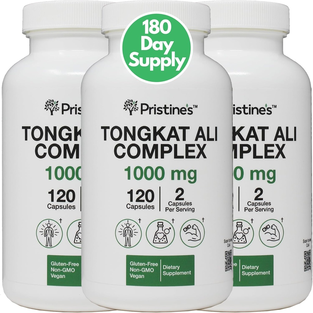 PriSTINE'S Tongkat Ali 1000mg 180 Day Supply (3 Pack) - Athletic Performance Support - Lean Mass Muscle Building Herbal Supplement for Men &amp; Women - Vegan, Gluten Free, Non GMO