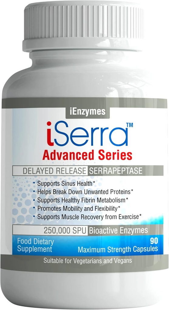 iSerra 250.000 SPU Serrapeptase Enzyme - 90 Maximum Strength Capsules - Hasta 12x Más Potent Than Other Serrapaptase - Delayed Release Technology-High Potency Non-GMO, Gluten Free, Vegan (Pack of 1)