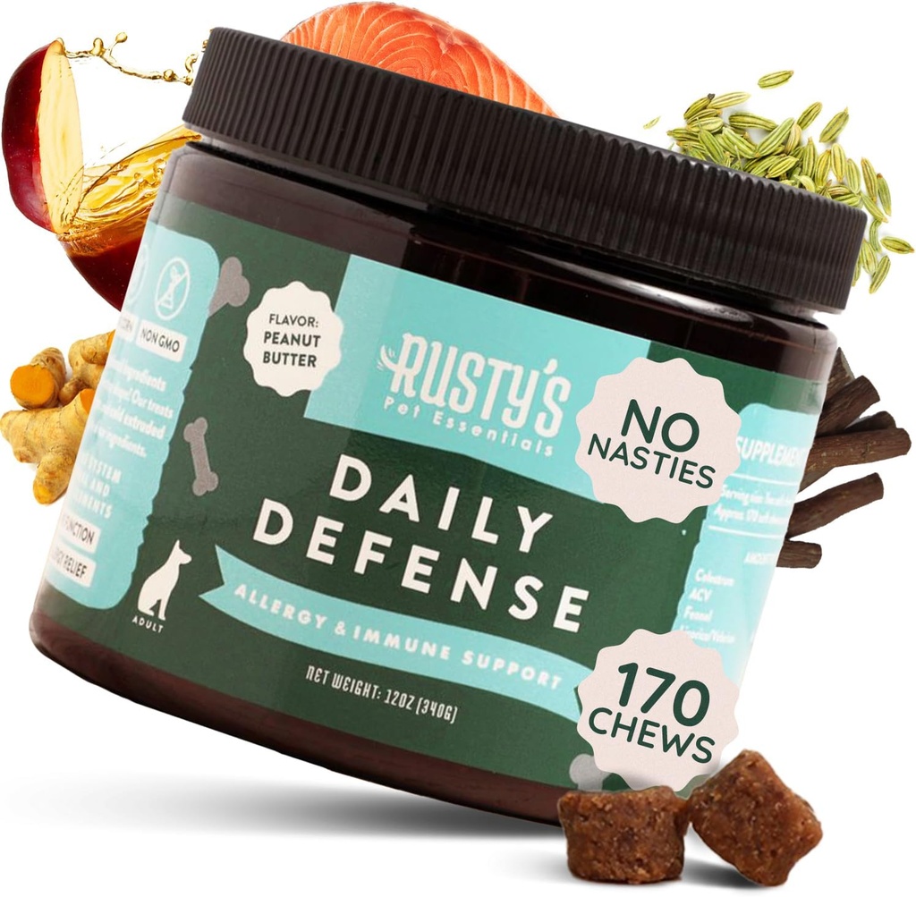 Alivio de la alergia al perro Premium &amp; Soporte de inmunológico (170 Chews) - Colostrum - Probióticos para perros - Promover un Gut saludable - Apoyo contra las alergias estacionales - Con aceite de salmón de Alaska - Turmérico - Hecho en los EE.UU.