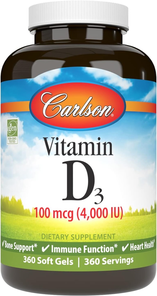 Carlson - Vitamina D3 4000 UI (100 mcg), Immune Support, Bone Health, Muscle Health, Cholecalciferol, Vitamina D Suplementos, Vitamina D3 Soft Gels, 360 Softgels