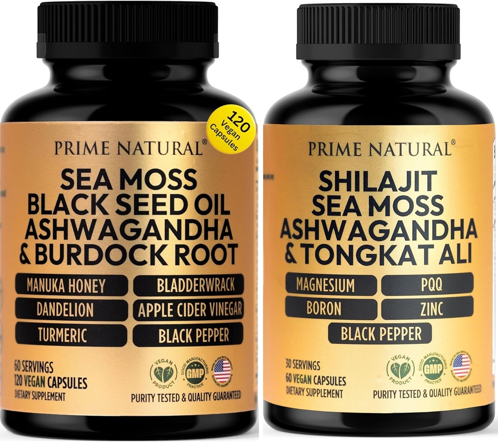 PRIME NATURAL Iris Sea Moss Black Seed Oil Shilajit Ashwagandha - 2 Botellas - Vegan Capsules