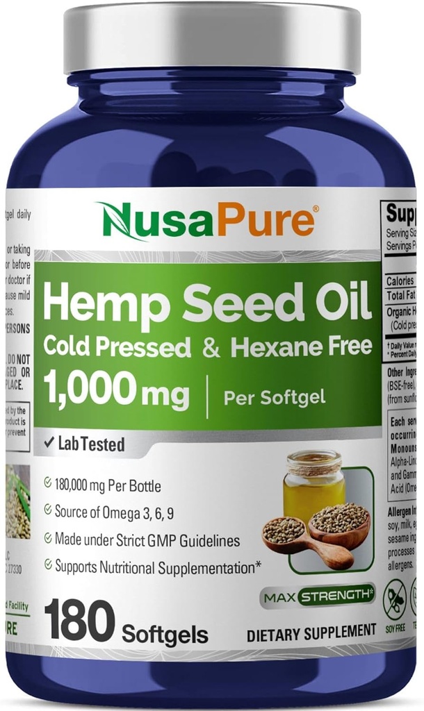 Aceite de semilla de cáñamo NusaPure 1000mg - 180 Softgel por botella