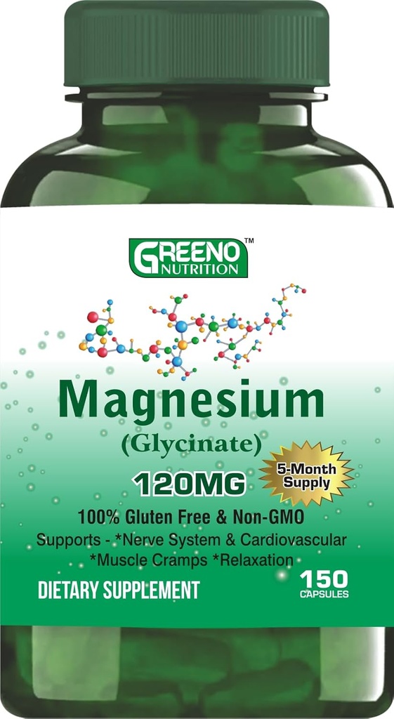 Magnesium (Glycinate) 120 MG Suplemento, soporta Stress Relief, Sleep, Heart Health, Nerves, Muscles, Metabolism, 150 cápsulas (5 meses de suministro)