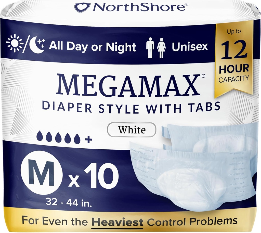 NorthShore MegaMax Adult Overnight Diapers, 12-Hour Tab-Style, Medium, 10 Count Bag, White, 32-44 pulgadas, Unisex Incontinence Underwear