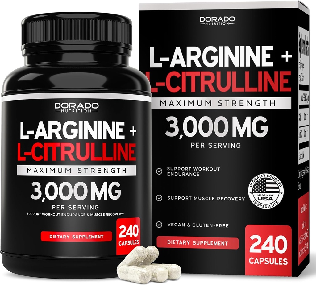 L Arginine L Citrulline Suplemento 3000mg (240 cápsulas) Píldoras de óxido nítrico para hombres - resistencia, resistencia, rendimiento para ejercicios - NO suplementos para hombres - Gluten libre, no GMO, cápsulas veganas