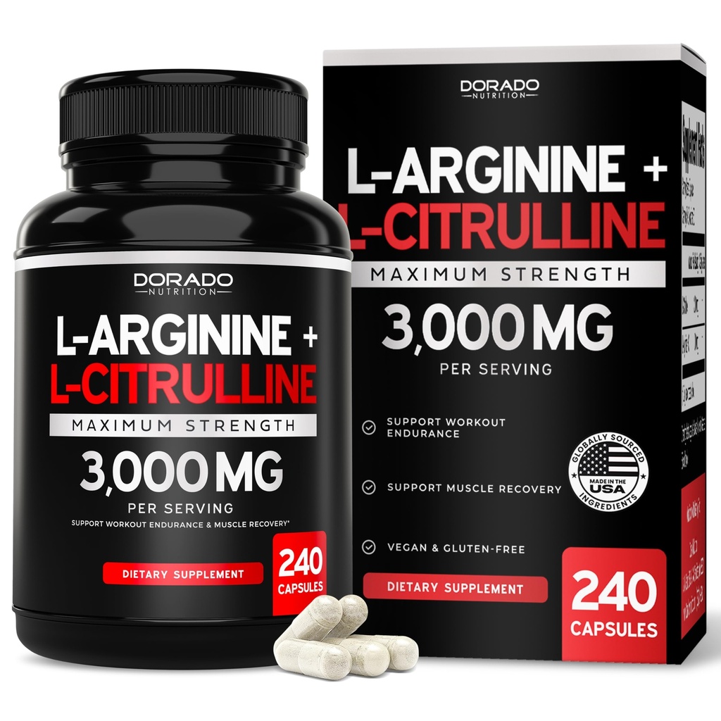 L Arginine L Citrulline Suplemento 3000mg (240 cápsulas) Píldoras de óxido nítrico para hombres - resistencia, resistencia, rendimiento para ejercicios - NO suplementos para hombres - Gluten libre, no GMO, cápsulas veganas
