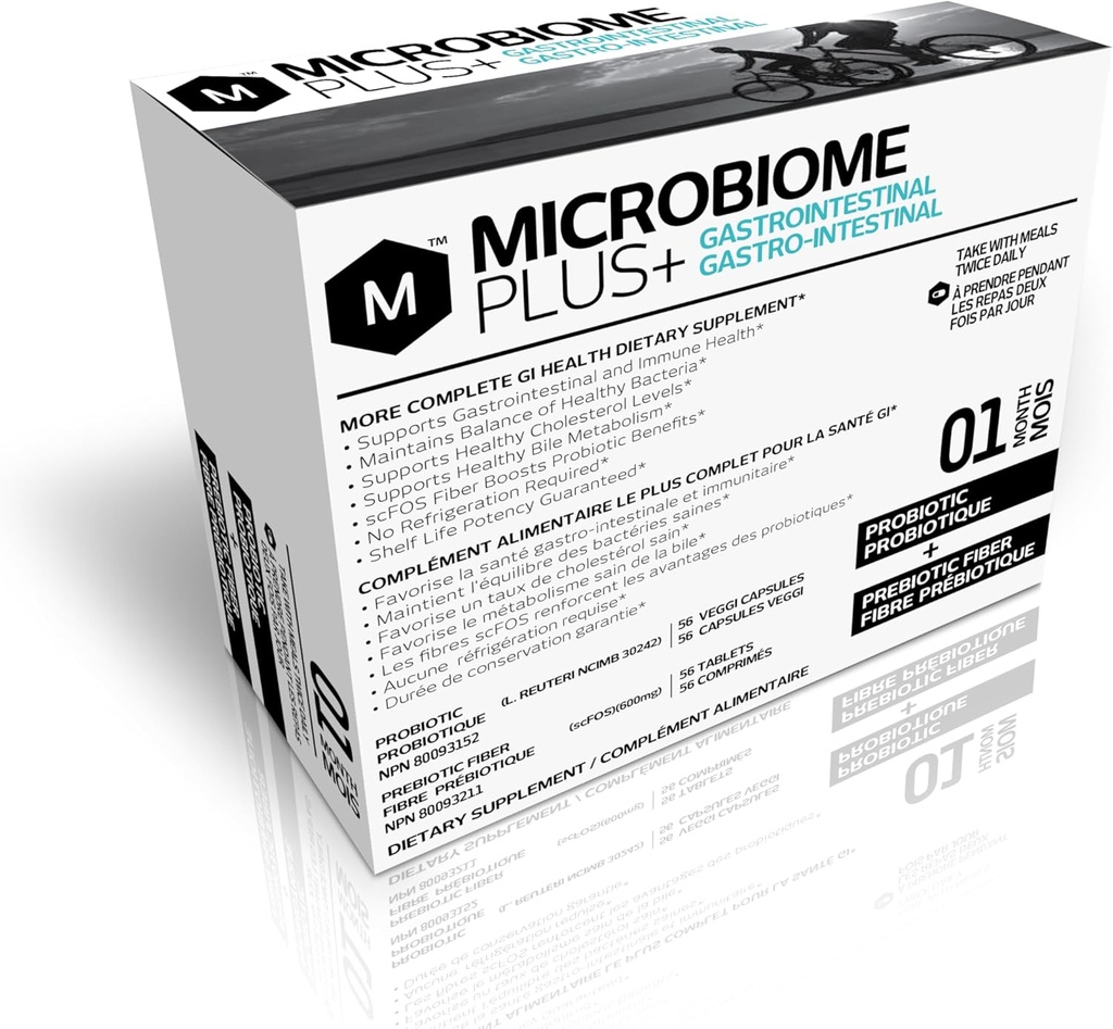 Microbiome Plus Probióticos Gastrointestinales L Reuteri NCIMB 30242 y Prebióticos scFOS, GI Suplementos Digestivos, Alergía Segura, Suplemento Probiótico sin gluten para Hombres y Mujeres (1 Mes de Suministro)