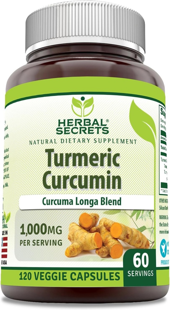Herbal Secrets Turmeric Curcumin Suplemento TENIDO 1000 Mg Por Serving TEN 120 Veggie Capsules ANTE Blend of Turmeric Powder " Turmeric Extract ← Non-GMO TEN Gluten Free ← Made in USA