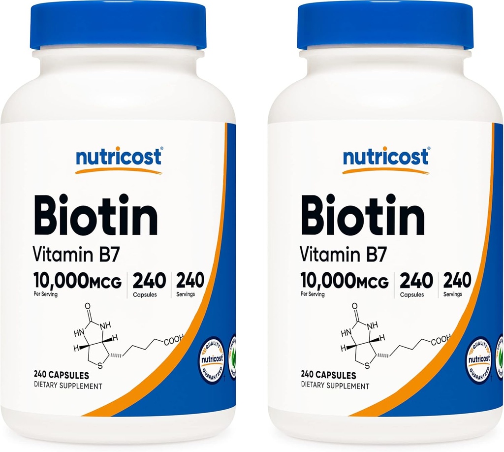 Nutricost Biotin (Vitamin B7) 10,000mcg (10mg), 240 Caps (2 Botellas) - Non-GMO, Gluten Free