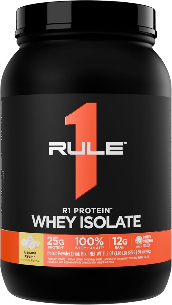 Regla 1 R1 Proteína Whey Isolate - con 25g Protein & 6g BCAA Exclusivamente de Fuentes hidrolizadas de recuperación de entrenamiento (2 libras*, Crema de Banana)