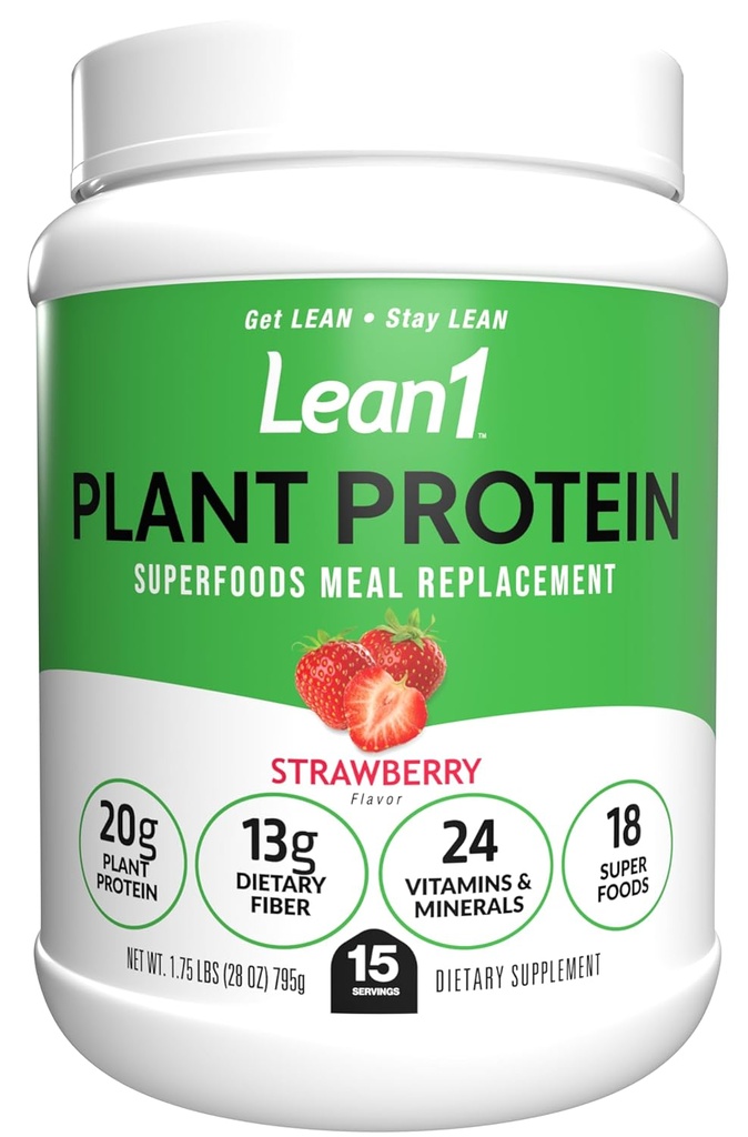 Lean1 Polvo de proteína con base vegetal, reemplazo de carne, sabor de fresa, 15 porción