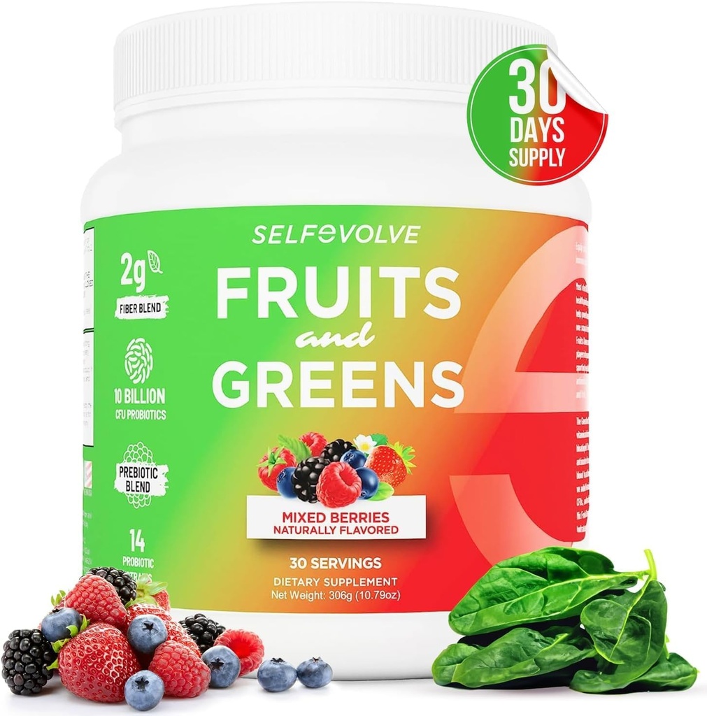 Frutas y Verdes Pólvora Probiótica Orgánica: 30 Serviciones para Mujeres Hombres. Vegano con 10 millones de UC, Spirulina, Kale, Spinach, Clorella, Elderberry, Enzymes Digestivos - Probióticos