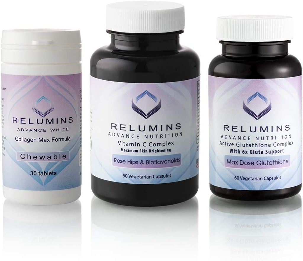 Relumins Advance White Triple Capsule MAX Set - MAX Dose Glutathione con 6X Boosters, Collagen MAX Chewable Tablets and Vitamin C MAX - Maximum Skin Lightening and Rejuvenating (One Month Supply)